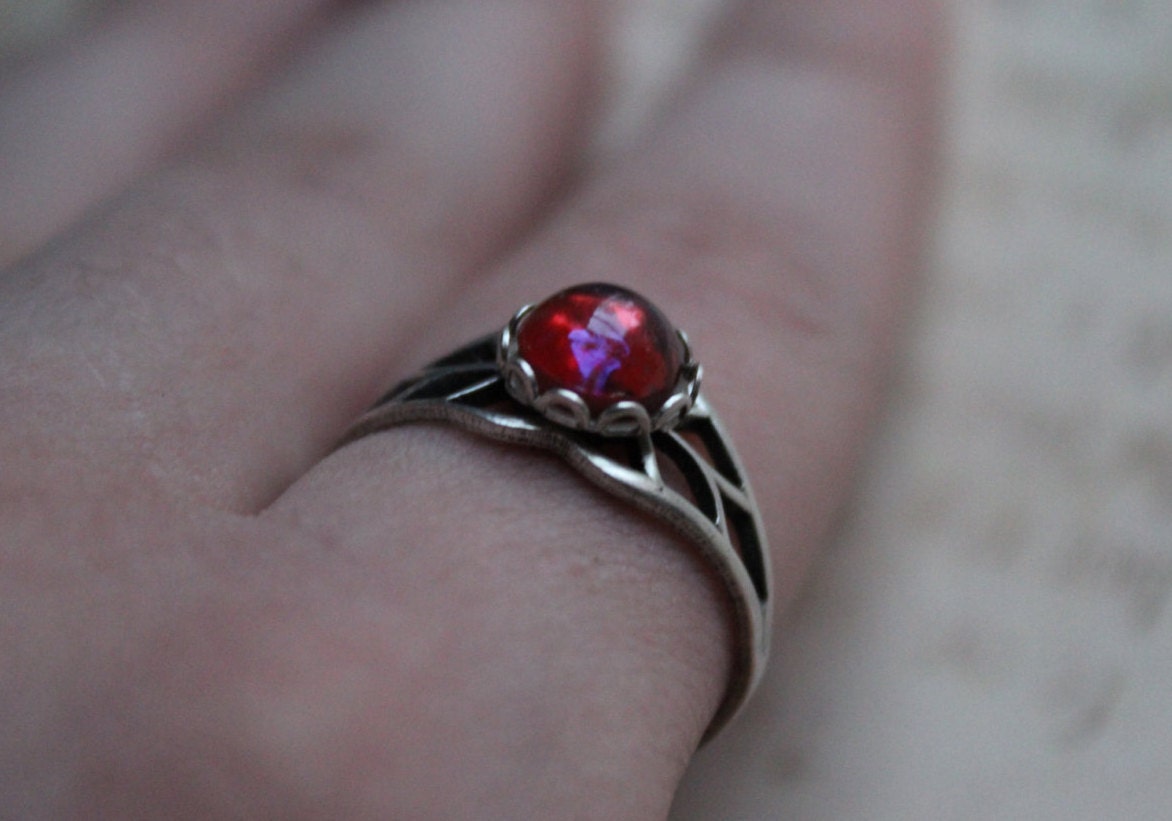 Petite Dragons Breath Ring,  Fire Opal Ring, Antique Sterling Silver Filigree Band, Gift for Her, Promise Ring, Opal Ring, Free Shipping