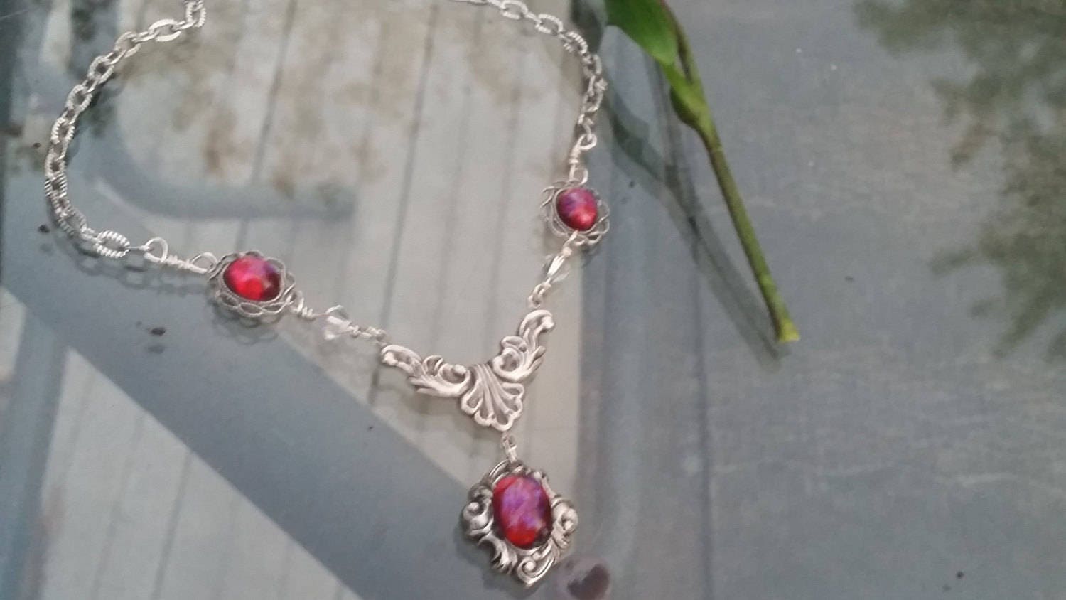 Medieval Dragon Breath Necklace with Swarovski Links, Mexican Fire Opal Necklace, Opal Necklace, Special gifts, Free shipping, Christmas
