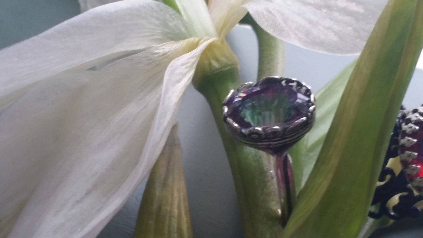 Mystic Topaz Ring, Genuine Gemstone Ring, Gemstone Ring, Statement Ring, Mystic Rainbow Topaz Ring, Leaves and Spirals Ring, Summer gifts