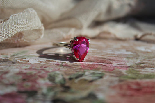 Hot Pink Sapphire Ring,  Pear Cut Ring, Sterling Silver Ring, 12x8mm Ring, Size 5.5 Ring, Gemstone Ring, Rings, Christmas in July, Summer