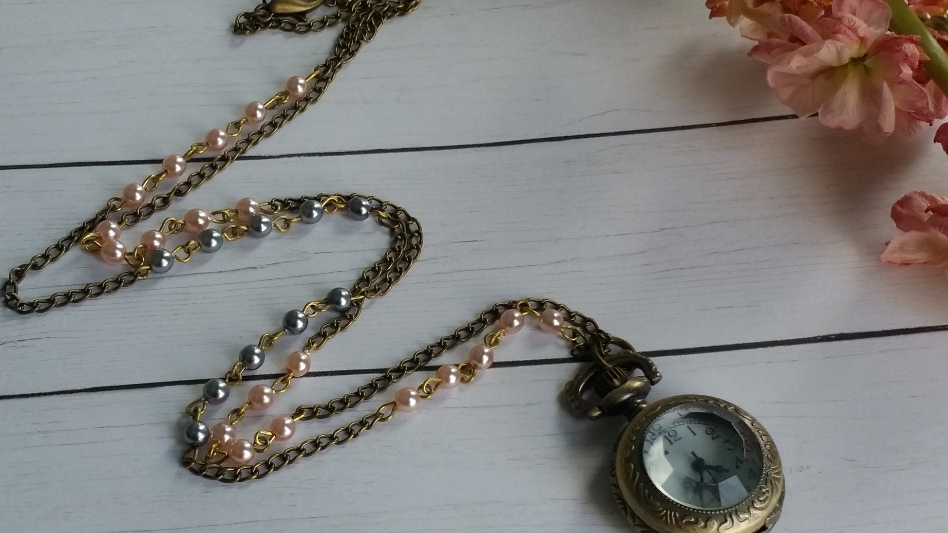 Ball Clock Necklace, Locket Necklace, Watch Necklace, Weddings, Victorian Watch Necklace, Beaded Chain, Free Shipping, Christmas in July