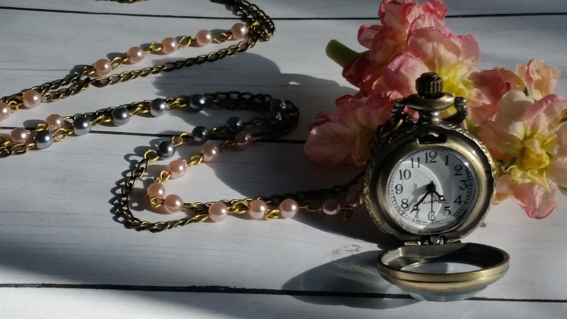 Ball Clock Necklace, Locket Necklace, Watch Necklace, Weddings, Victorian Watch Necklace, Beaded Chain, Free Shipping, Christmas in July