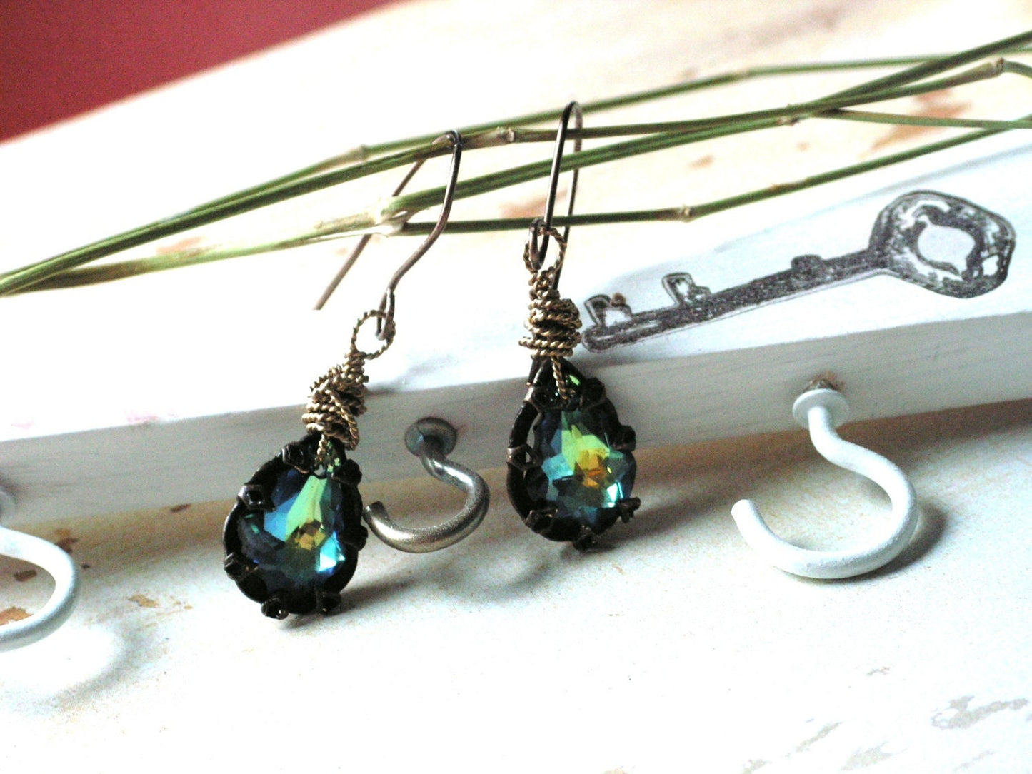 Green Woodland Earrings, Caught in the Forest Earrings, Swarovski Crystal Earrings Green and Deep Topaz, free shipping, Fall, Christmas gift