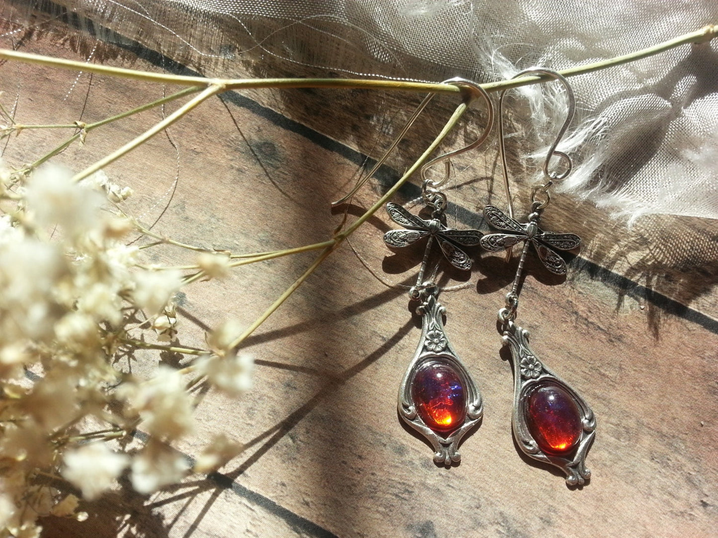 Dragonfly Earrings, Fire Opal Earrings, Mexican Fire Opal Earrings, Dragon Breath Earring, Free Shipping, Summer gifts, July gifts, Jewelry